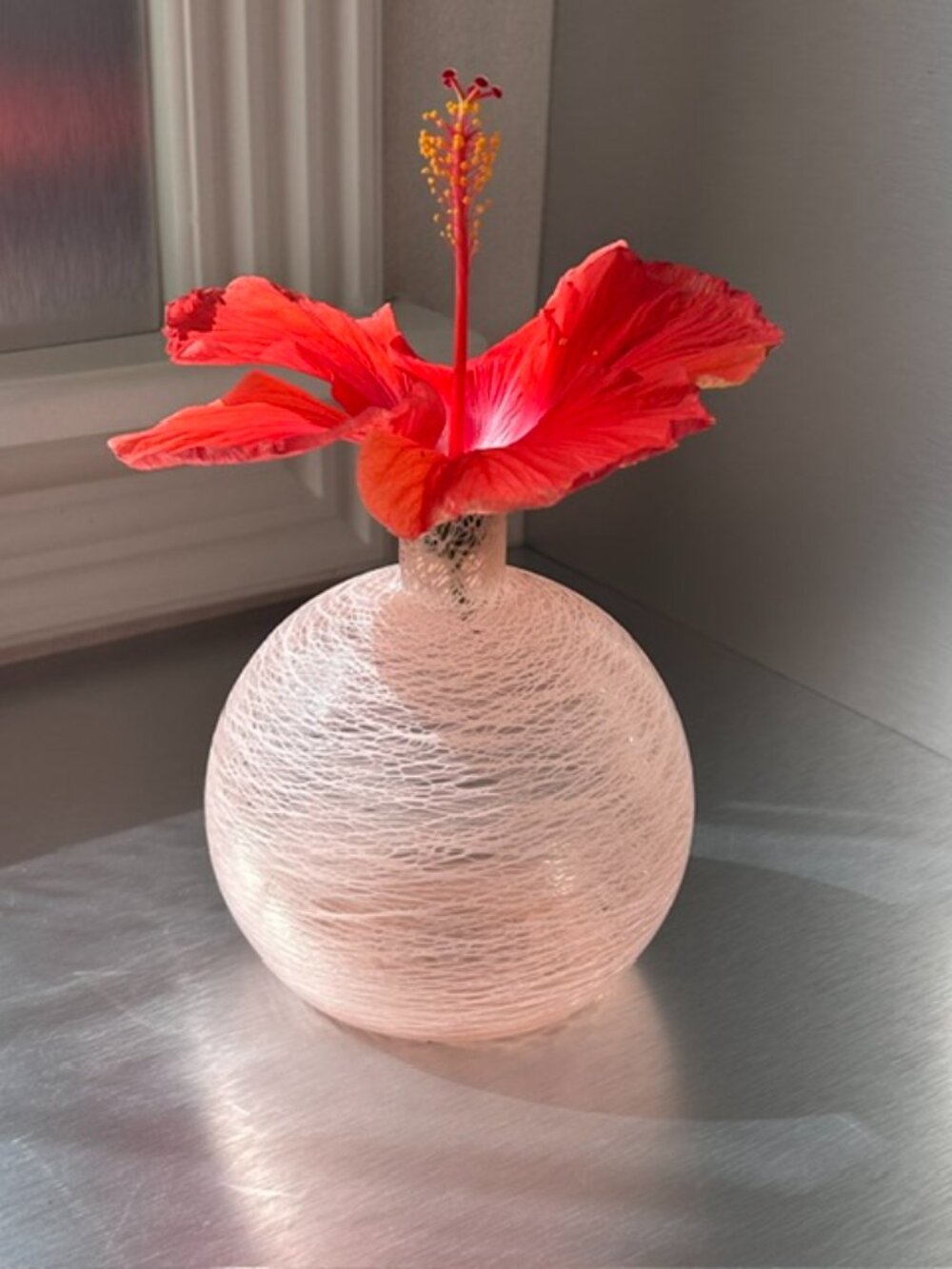 Vintage Pale Pink String Glass Vase, Mid-century modern